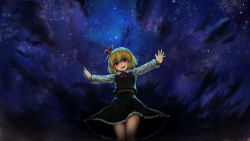 Rule 34 | 1girl, black skirt, black vest, blonde hair, commentary request, contrapposto, cowboy shot, darkness, frilled skirt, frills, from below, hair ribbon, head tilt, long sleeves, looking at viewer, luke (kyeftss), night, night sky, open hands, open mouth, outdoors, outstretched arms, red eyes, red neckwear, ribbon, rumia, shirt, short hair, skirt, skirt set, sky, smile, solo, spread arms, star (sky), starry sky, touhou, vest, white shirt, wing collar