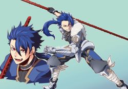 Rule 34 | 0nodera, 1boy, bandaged leg, bandages, blue hair, cu chulainn (fate), cu chulainn (fate) (all), cu chulainn (fate/prototype), fangs, fate/prototype, fate (series), floating hair, full body, gae bolg (fate), gauntlets, gloves, grin, holding, holding polearm, holding weapon, jewelry, long hair, male focus, multiple views, necklace, open mouth, pants, polearm, ponytail, red eyes, smile, solo, spiked hair, weapon