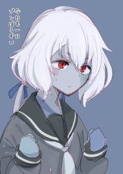 Rule 34 | 10s, 1girl, blue background, blue skin, clenched hand, colored skin, hair between eyes, konno junko, new game!, parody, red eyes, ribbon, school uniform, serafuku, short hair, solo, source quote parody, stitched face, stitches, toruneko, white hair, zombie, zombie land saga
