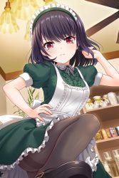 Rule 34 | 1girl, alternative girls, apron, black footwear, black hair, black pantyhose, closed mouth, dress, green dress, hand on own hip, highres, indoors, looking at viewer, maid, maid headdress, official art, onitsuka chiho, pantyhose, red eyes, short hair, solo, white apron
