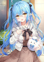 Rule 34 | 1girl, :3, absurdres, ahoge, black bow, black bowtie, blue bow, blue hair, blush, blush stickers, bow, bowtie, brown dress, building, bush, cardigan, commentary request, cup, dress, eyelashes, hair between eyes, hair bow, hand up, head tilt, heart, heart ahoge, highres, holding, holding cup, hololive, long hair, long sleeves, looking at viewer, open cardigan, open clothes, open mouth, outdoors, pointy ears, retsuto, ribbed cardigan, sailor collar, sidelocks, smile, solo, two side up, virtual youtuber, white cardigan, white sailor collar, window, yellow eyes, yukihana lamy, yukihana lamy (casual), yukimin (yukihana lamy)