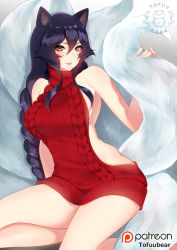 Rule 34 | 1girl, ahri (league of legends), alternate hairstyle, animal ears, aran sweater, ass, backless dress, backless outfit, bare shoulders, black hair, blush, braid, breasts, cable knit, dress, facial mark, female focus, fox ears, fox tail, halterneck, large breasts, league of legends, long hair, looking at viewer, meme attire, naked sweater, no bra, no panties, open mouth, patreon, patreon username, red dress, red sweater, ribbed sweater, simple background, sitting, sleeveless, sleeveless turtleneck, smile, solo, sweater, sweater dress, tail, tofuubear, turtleneck, turtleneck sweater, virgin killer sweater, watermark, white background, yellow eyes