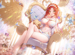 Rule 34 | 1girl, absurdres, apple caramel, bare legs, breasts, chair, cleavage, crossed legs, elly (vtuber), fake wings, green eyes, high heels, highres, hip vent, indie virtual youtuber, large breasts, long hair, long sleeves, looking at viewer, microskirt, navel, open mouth, parted bangs, red hair, revealing clothes, sitting, skirt, smile, solo, stomach, thighs, tiara, virtual youtuber, white footwear, white skirt, wings