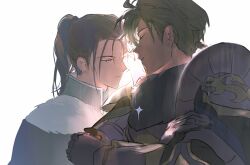Rule 34 | 2boys, absurdres, armor, bishounen, black jacket, black scarf, brown hair, character request, closed eyes, closed mouth, collared jacket, crossed arms, expressionless, fire emblem, fire emblem: three houses, full armor, fur scarf, green eyes, high collar, highres, jacket, lai hunei hai, long hair, male focus, multiple boys, nintendo, parted lips, ponytail, scarf, short hair, simple background, teeth, upper body, white background, white scarf, yellow eyes