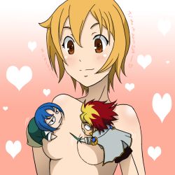 Rule 34 | 10s, 1girl, agemaki wako, blonde hair, breasts, covering privates, covering breasts, dyed bangs, gradient background, hand puppet, heart, heart background, nude, nude cover, pink background, puppet, shindou sugata, short hair, simple background, small breasts, solo, star driver, takaya n, translation request, tsunashi takuto