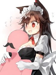 Rule 34 | 1boy, 1girl, :d, @ @, alternate costume, animal ears, bad id, bad pixiv id, between breasts, black dress, blush, breast pillow, breasts, brown hair, commentary request, dress, elbow gloves, enmaided, facial hair, flying sweatdrops, frilled dress, frills, gloves, grabbing, head between breasts, imaizumi kagerou, large breasts, long hair, looking at another, maid, maid headdress, mustache, nose blush, open mouth, puffy short sleeves, puffy sleeves, red eyes, red neckwear, short sleeves, smile, suminagashi, touhou, upper body, v-shaped eyebrows, white background, white gloves, wing collar, wolf ears