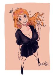 Rule 34 | 1girl, black dress, blush stickers, boots, commentary request, dress, earrings, from above, full body, highres, jewelry, long hair, looking to the side, nami (one piece), one piece, orange hair, sherumaru (korcht06), sidelocks, signature, smile, solo