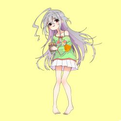 Rule 34 | 1girl, ahoge, anderson m0311, bare legs, barefoot, blush, collarbone, flower pot, full body, green shirt, grey hair, hair between eyes, highres, holding, holding flower pot, hoshi syoko, huge ahoge, idolmaster, idolmaster cinderella girls, long hair, looking at viewer, off-shoulder shirt, off shoulder, pleated skirt, shirt, simple background, single bare shoulder, skirt, smile, solo, toes, very long hair, white skirt, yellow background