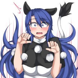 Rule 34 | 1girl, animal ears, blue eyes, blue hair, blush, capelet, constricted pupils, doremy sweet, kuroba rapid, long hair, looking at viewer, no headwear, no headwear, pom pom (clothes), solo, tail, tapir ears, tapir tail, touhou, upper body