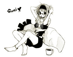 Rule 34 | 1girl, adjusting hair, ahoge, anklet, anzu (o6v6o), barefoot, book on lap, carrot-shaped pillow, character name, cup, glasses, greyscale, gumi, hair tie in mouth, handprint, hands up, headband, jewelry, looking at viewer, monochrome, mouth hold, mug, ponytail, shirt, short hair with long locks, short sleeves, shorts, simple background, sitting, solo, vocaloid, white background