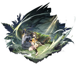 Rule 34 | arknights, axe, bandeau, black hair, blue eyes, breasts, dress, eunectes (arknights), flower, gloves, goggles, goggles on head, grass, hair flower, hair ornament, highres, holding, holding shield, holding weapon, log, microdress, moss, on one knee, toeless footwear, plant, pointy ears, reverse grip, see-through, shield, short hair, snake tail, strapless, tail, thigh strap, thighs, toes, torn clothes, torn legwear, tube top, weapon, white background, yellow dress, yu jiu