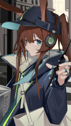 Rule 34 | 1girl, absurdres, amiya (arknights), amiya (newsgirl) (arknights), arknights, bag, black headwear, black jacket, blue collar, brown hair, building, chichi guai, collar, ears through headwear, hair between eyes, hand up, headphones, highres, holding, holding newspaper, holding wand, jacket, jewelry, long hair, long sleeves, looking at viewer, multiple rings, newspaper, official alternate costume, outdoors, ponytail, ring, shoulder bag, sidelocks, solo, upper body, wand, white bag