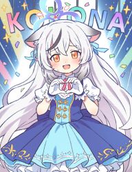 Rule 34 | 1girl, :d, alternate costume, animal ear fluff, animal ears, black hair, blue archive, blue dress, blue halo, blush, character name, commentary request, cowboy shot, dress, grey hair, halo, heart, heart hands, highres, kokona (blue archive), long hair, looking at viewer, multicolored hair, onyhakase, open mouth, orange eyes, puffy short sleeves, puffy sleeves, short sleeves, smile, solo, streaked hair, tiger ears, tiger girl, two-tone dress, very long hair