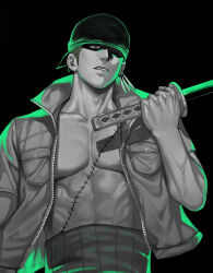 Rule 34 | 1boy, abs, absurdres, b00gie rvac, bandana, black background, earrings, greyscale, haramaki, hat over one eye, highres, holding, holding sword, holding weapon, jacket, jewelry, looking down, male focus, monochrome, muscular, muscular male, one eye closed, one piece, open clothes, open jacket, parted lips, pectorals, roronoa zoro, scar, scar across eye, scar on chest, scar on face, single earring, solo, spot color, sword, upper body, veins, veiny arms, weapon