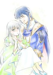 Rule 34 | 1boy, 1girl, absurdres, blue hair, brother and sister, cape, carrying, circlet, closed eyes, collar, dress, fire emblem, fire emblem: genealogy of the holy war, grey eyes, grey hair, headband, highres, holding, julia (fire emblem), kansaidoyako, long hair, nintendo, open mouth, ponytail, princess carry, seliph (fire emblem), siblings, simple background, smile, white headband