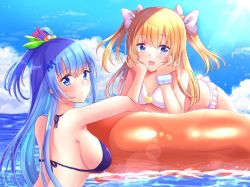 Rule 34 | 2girls, :d, bad id, bad pixiv id, bikini, blonde hair, blue eyes, blue hair, blue sky, bow, breasts, cleavage, cloud, day, emori miku, floating hair, frilled bikini, frills, fujimori shiki, hair bobbles, hair bow, hair ornament, halterneck, head rest, highres, large breasts, lens flare, liver city, long hair, looking at viewer, multiple girls, ocean, open mouth, outdoors, purple bikini, scrunchie, side ponytail, sideboob, single wrist cuff, sky, small breasts, smile, swimsuit, twintails, very long hair, white bikini, white bow, white scrunchie, wrist cuffs, wrist scrunchie