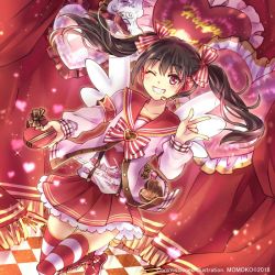 Rule 34 | 1girl, 2016, black hair, blouse, bow, bow print, box, checkered floor, collarbone, commission, floating hair, frilled thighhighs, frills, grin, hair bow, hair ornament, happy valentine, heart, heart-shaped box, heart hair ornament, heart print, holding, holding bow (ornament), leg up, long hair, looking at viewer, love live!, love live! school idol festival, love live! school idol project, microphone, miniskirt, momoko (momoko14), one eye closed, pleated skirt, print shirt, red eyes, red sailor collar, red skirt, sailor collar, shirt, skirt, smile, solo, standing, standing on one leg, striped bow, striped clothes, striped thighhighs, thighhighs, twintails, very long hair, white shirt, yazawa nico
