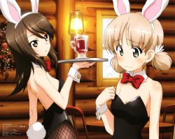 Rule 34 | 2girls, :o, absurdres, aki (girls und panzer), animal ears, bare back, bare shoulders, black leotard, bow, breasts, brown eyes, brown hair, chair, cleavage, cup, detached collar, double bun, embarrassed, fake animal ears, fishnet legwear, fishnets, girls und panzer, green eyes, hair bun, highres, holding, holding tray, indoors, itou takeshi, lamp, leotard, light brown hair, medium breasts, mika (girls und panzer), multiple girls, official art, pantyhose, parted lips, playboy bunny, rabbit ears, rabbit tail, red bow, sideboob, small breasts, table, tail, tray, window, wooden wall, wreath, wrist cuffs