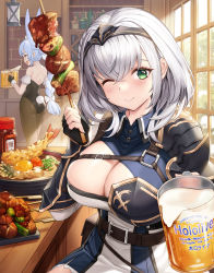 Rule 34 | 2girls, absurdres, alcohol, animal ears, armor, armored dress, beer, beer mug, belt, belt pouch, blue hair, blush, braid, breasts, brown belt, cleavage, cleavage cutout, clothing cutout, collared dress, cup, dress, french braid, fur trim, gloves, green eyes, hairband, highres, hololive, hololive fantasy, large breasts, leotard, long hair, looking at viewer, masai, mug, multicolored hair, multiple girls, one eye closed, orange eyes, pelvic curtain, playboy bunny, pleated dress, pouch, puffy sleeves, rabbit ears, rabbit girl, rabbit tail, shirogane noel, shirogane noel (1st costume), short dress, short eyebrows, short hair, skewer, small breasts, tabard, tail, thick eyebrows, thighhighs, twin braids, twintails, two-tone hair, usada pekora, usada pekora (1st costume), virtual youtuber, wavy hair, white hair