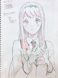 Rule 34 | 1girl, aqua hairband, aqua ribbon, blazer, blunt bangs, box, brown eyes, brown hair, brown jacket, brown sleeves, buttons, circle name, coattails, collar, collared jacket, collared shirt, colored pencil (medium), comiket 96, commentary request, dated, drinking straw, eyelashes, fingernails, hair ribbon, hairband, highres, holding, holding box, idolmaster, idolmaster million live!, jacket, juice box, layered sleeves, light blush, long hair, long sleeves, looking at viewer, necktie, parted lips, photo (medium), red collar, red necktie, ribbon, school uniform, shirt, sidelocks, signature, solo, straight hair, tanaka kotoha, traditional media, translation request, uniform series (idolmaster), upper body, white shirt, witoi (roa)