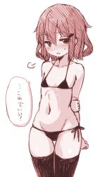 Rule 34 | 1girl, arms behind back, bikini, breasts, commentary request, embarrassed, hair ornament, hairclip, ikazuchi (kancolle), kantai collection, micro bikini, monochrome, sepia, short hair, side-tie bikini bottom, small breasts, solo, swimsuit, thigh gap, thighhighs, translation request, unagiman