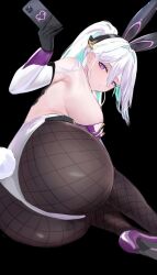 Rule 34 | 1girl, absurdres, animal ears, ass, azur lane, bare shoulders, breasts, chiyu1182, fake animal ears, fishnet pantyhose, fishnets, hair between eyes, hair ornament, highres, kearsarge (all night charge) (azur lane), kearsarge (azur lane), large breasts, leotard, long hair, long sleeves, looking at viewer, official alternate costume, pantyhose, playboy bunny, purple eyes, rabbit tail, sideboob, solo, strapless, strapless leotard, tail, white hair