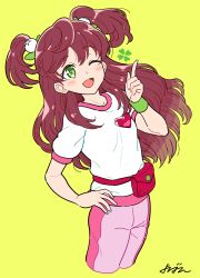 Rule 34 | 1girl, ;d, aikatsu! (series), aikatsu friends!, brown hair, clover, cowboy shot, cropped legs, four-leaf clover, green eyes, hair ornament, harukaze wakaba, heart, highres, leaf hair ornament, leaning back, long hair, mistletoe, one eye closed, open mouth, pants, pink pants, pouch, shirt, short sleeves, signature, simple background, smile, solo, t-shirt, track pants, two side up, white shirt, wristband, yellow background, yoban