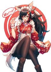 Rule 34 | 1girl, absurdres, alternate costume, animal ears, apron, black choker, black footwear, black hair, black pantyhose, black skirt, boots, bow, breasts, choker, claw pose, commentary, cross-laced footwear, eyelashes, floral print, glasses, hair bow, hair ornament, hair ribbon, highres, hololive, invisible chair, japanese clothes, kimono, long hair, looking at viewer, maid apron, maid headdress, mazel (mazel star), medium breasts, miniskirt, multicolored hair, new year, ookami mio, ookami mio (new year), open mouth, orange eyes, pantyhose, ponytail, red hair, red kimono, ribbon, simple background, sitting, skirt, smile, solo, speech bubble, streaked hair, tail, tail wrap, two-tone hair, virtual youtuber, white background, wolf ears, wolf tail, wrist cuffs
