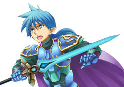 Rule 34 | 1boy, :o, armor, blue eyes, blue hair, cape, gauntlets, headband, holding, holding sword, holding weapon, ma tsukasa, male focus, pointy ears, purple cape, roddick farrence, simple background, solo, standing, star ocean, sword, upper body, weapon, white background, white headband