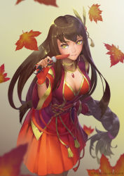 Rule 34 | 1girl, autumn leaves, black hair, black light, braid, breasts, brown hair, cleavage, hair ornament, jewelry, large breasts, long hair, looking at viewer, necklace, quiver, smile, solo, very long hair, yellow eyes