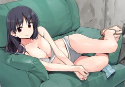 Rule 34 | 1girl, bare arms, bare legs, bare shoulders, black hair, blush, bra, breasts, brown footwear, cleavage, closed mouth, collarbone, couch, feet, grey bra, grey panties, large breasts, long hair, looking at viewer, lying, on couch, on side, own hands together, panties, red eyes, saki, saki (manga), saki achiga-hen, sandals, shimizudani ryuuka, shisoneri, smile, solo, toenails, underwear, underwear only