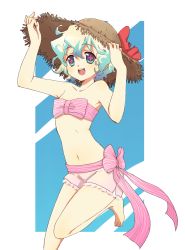 Rule 34 | + +, 00s, 1girl, aged down, bare shoulders, barefoot, bow, cross-shaped pupils, happy, hat, highres, kanro, midriff, multicolored hair, navel, nia teppelin, pink bow, short hair, shorts, solo, straw hat, symbol-shaped pupils, tengen toppa gurren lagann, two-tone hair