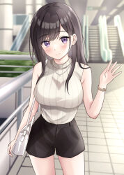 Rule 34 | 1girl, bare arms, bare shoulders, black hair, black shorts, blurry, blurry background, blush, breasts, closed mouth, commentary request, cowboy shot, escalator, hand up, highres, jewelry, large breasts, long hair, looking at viewer, necklace, original, purple eyes, shirt tucked in, shorts, sleeveless, solo, thighs, yukimaru217