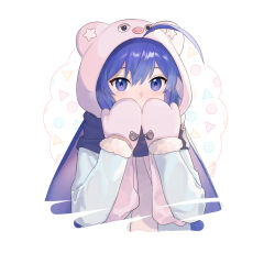 Rule 34 | 1girl, ahoge, animal hood, bear hood, blue eyes, blue hair, covered mouth, cropped torso, eel hat, hands up, highres, hood, long hair, long sleeves, looking at viewer, mittens, otomachi una, pink hood, pink mittens, sidelocks, solo, star (symbol), star print, stuffed animal, stuffed toy, suiso sn3, teddy bear, vocaloid, white background, winter clothes