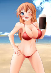 Rule 34 | 1girl, ;d, alcohol, beach, beer, beer mug, bikini, blue eyes, blush, breasts, charlotte e. yeager, cloud, cup, day, drunk, hajime monji, large breasts, long hair, mug, navel, ocean, one eye closed, open mouth, orange hair, outdoors, red bikini, sky, smile, solo, strike witches, swimsuit, wink, world witches series