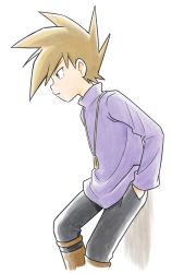 Rule 34 | 1boy, black pants, blue oak, boots, brown footwear, brown hair, commentary, creatures (company), game freak, hand in pocket, highres, jewelry, male focus, necklace, nintendo, pants, parted lips, pokemon, pokemon adventures, purple shirt, sawa (soranosawa), shirt, solo, spiked hair
