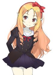 Rule 34 | 10s, 1girl, arms behind back, black skirt, blonde hair, brown eyes, closed mouth, drill hair, eromanga sensei, gedou (ge ge gedou), hair ribbon, hairband, long hair, looking to the side, pointy ears, red hairband, red ribbon, ribbon, school uniform, simple background, skirt, smile, solo, twin drills, white background, yamada elf