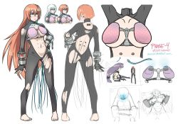 Rule 34 | 1girl, ass, bad deviantart id, bad id, barcode, barefoot, black sclera, blue eyes, bodysuit, breasts, brown hair, butt crack, character sheet, colored sclera, concept art, cyborg, dead or alive, dead or alive 5, deeezel, hand on own hip, large breasts, long hair, multiple views, navel, phase-4, torn clothes, underboob, watermark, web address