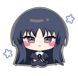 Rule 34 | 1girl, assault lily, black hair, blush, chibi, closed mouth, commentary, cropped jacket, cropped torso, crossed arms, hands up, juliet sleeves, long hair, long sleeves, looking at viewer, neck ribbon, outline, puffy sleeves, purple eyes, ribbon, school uniform, shirai yuyu, sidelocks, simple background, solo, star (symbol), symbol-only commentary, upper body, white background, white outline, yui (yui1115 ), yurigaoka girls academy school uniform