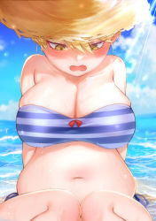 Rule 34 | 1girl, arms behind back, bare shoulders, beach, belly, bikini, blonde hair, breasts, check commentary, cleavage, cloud, cloudy sky, collarbone, commentary request, day, hat, highres, large breasts, navel, ocean, open mouth, original, outdoors, partial commentary, plump, sky, solo, stomach, striped bikini, striped clothes, sun hat, sunlight, swimsuit, terano haruma, yellow eyes