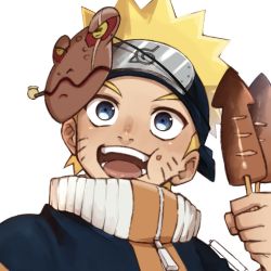 Rule 34 | 1boy, blonde hair, blue eyes, character request, child, commentary request, facial mark, food, forehead protector, frog mask, looking at viewer, male focus, nameko hachikou, naruto, naruto (series), ninja, open mouth, short hair, smile, solo, uzumaki naruto, whisker markings, white background