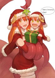 Rule 34 | 2girls, :d, absurdres, blush, box, child, christmas, commission, fang, gift, gift box, hair between eyes, hair ornament, hairclip, happy, hat, highres, holding, holding gift, holding person, lamia, long hair, looking at viewer, miia (monster musume), mika (miiafag), monster girl, monster musume no iru nichijou, mother and daughter, multiple girls, open mouth, original, pointy ears, pov, red hair, red headwear, santa costume, santa hat, scales, simple background, smile, sookmo, speech bubble, tail, white background, yellow eyes
