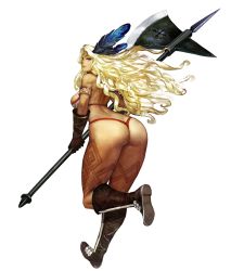 Rule 34 | 1girl, amazon (dragon&#039;s crown), armlet, armor, ass, axe, bikini, bikini armor, blonde hair, blue eyes, boots, breasts, dragon&#039;s crown, feather hair ornament, feathers, from behind, full body, gloves, hair ornament, halberd, highres, large breasts, leg lift, lips, long hair, looking back, muscular, muscular female, okojo, panties, polearm, running, simple background, solo, swimsuit, tattoo, thick thighs, thighs, thong, tiara, underwear, vanillaware, weapon
