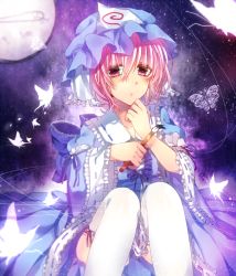 Rule 34 | 1girl, :o, bad id, bad pixiv id, brush, bug, butterfly, female focus, frills, full moon, hat, holding, insect, japanese clothes, moon, pink eyes, pink hair, saigyouji yuyuko, sash, shikke (1877944), short hair, sitting, solo, thighhighs, touhou, triangular headpiece, wavy hair, white thighhighs, wide sleeves