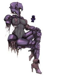 Rule 34 | 1girl, 1other, armor, armored boots, boots, breasts, colored skin, gauntlets, grey skin, helmet, high heels, highres, invisible, looking to the side, medium breasts, midriff, navel, nyong nyong, pauldrons, possessed armor, rags, shoulder armor, sitting, terraria, torn clothes