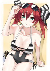 Rule 34 | bare shoulders, bikini, breasts, cave (developer), cave (neptunia), cleavage, green eyes, highres, long hair, medium breasts, navel, neptune (series), open mouth, red hair, ribbon, shades, solo, swimsuit, thighs, twintails, yellow background, zatsu