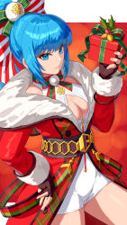 Rule 34 | 1girl, black gloves, blue eyes, blue hair, breasts, christmas, closed mouth, female focus, fingerless gloves, gloves, green ribbon, hair ribbon, highres, large breasts, leona heidern, long hair, looking at viewer, matching hair/eyes, ponytail, ribbon, smile, snk, solo, the king of fighters, the king of fighters all-stars, yagi2013