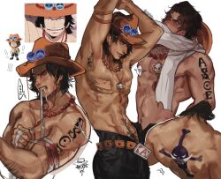 Rule 34 | !, !!, 1boy, applying bandages, armpit hair, arms up, back, back tattoo, bandaged arm, bandages, bead necklace, beads, belt, biceps, black hair, black pants, blood, blood on arm, bloody bandages, charluiu, chest binder, clenched teeth, fedora, freckles, from behind, hat, hat ornament, highres, holding bandages, jewelry, jolly roger, male focus, male pubic hair, medium hair, mouth hold, multiple views, muscular, muscular male, necklace, one piece, open fly, orange belt, orange hat, pants, pectorals, portgas d. ace, pubic hair, reference photo, scarf, shoulder tattoo, simple background, tattoo, teeth, topless male, upper body, white background, white scarf, whitebeard pirates jolly roger