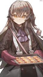 Rule 34 | 1girl, ascot, black dress, brown hair, dress, food, girls&#039; frontline, hair between eyes, highres, holding, holding food, holding tray, long hair, looking at viewer, mittens, orange eyes, purple ascot, scar, scar across eye, scar on face, smile, tkom, tray, twitter username, two-tone dress, ump45 (agent lop rabbit) (girls&#039; frontline), ump45 (girls&#039; frontline), upper body, white background, white dress