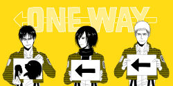 Rule 34 | 1girl, 2boys, arrow (symbol), clenched teeth, commentary request, eren yeager, greyscale with colored background, holding, holding sign, jacket, jean kirstein, kaos (kkkakao), mikasa ackerman, multiple boys, rogue titan, scarf, shingeki no kyojin, sign, survey corps (emblem), teeth, titan (shingeki no kyojin)